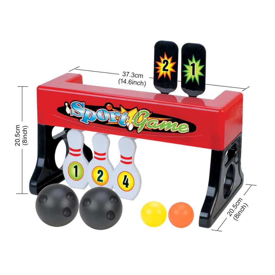 Kids Mini Bowling Set dimensions of about 14.6 by 8 by 8 inches, shown with two black and two colored balls.