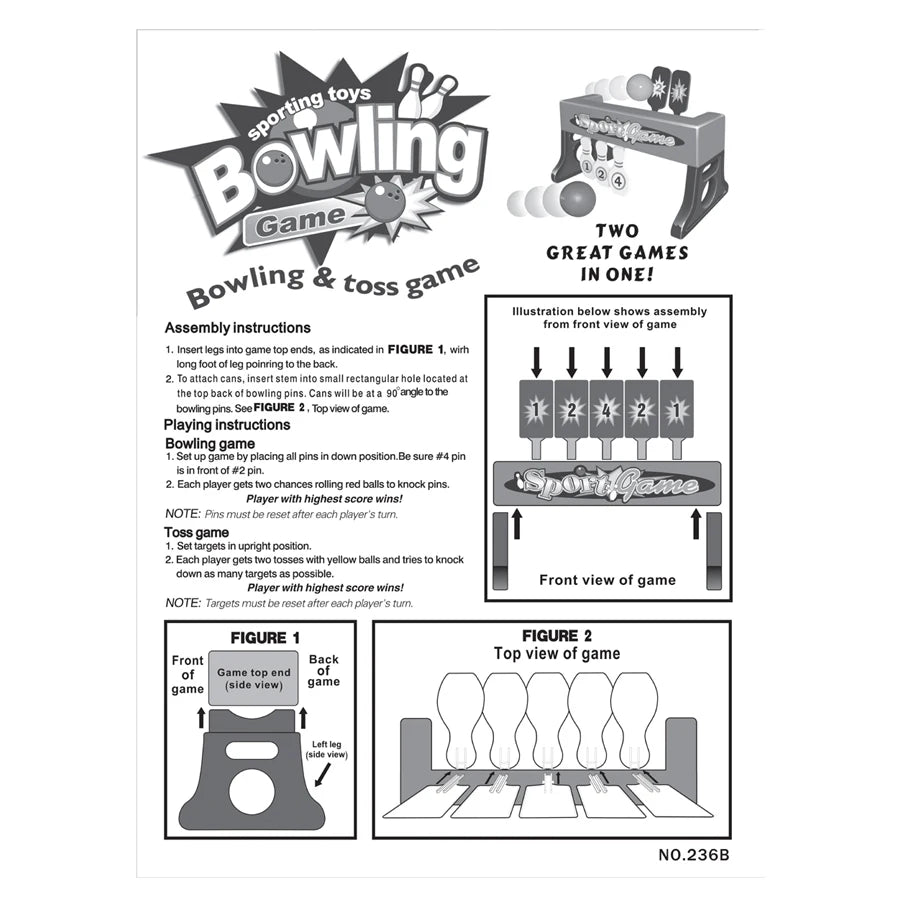 Kids Mini Bowling Set instruction sheet with rack assembly diagrams and rules for bowling and target toss.