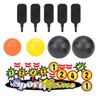 Kids Mini Bowling Set accessories with five black targets, four balls and colorful number and game stickers.