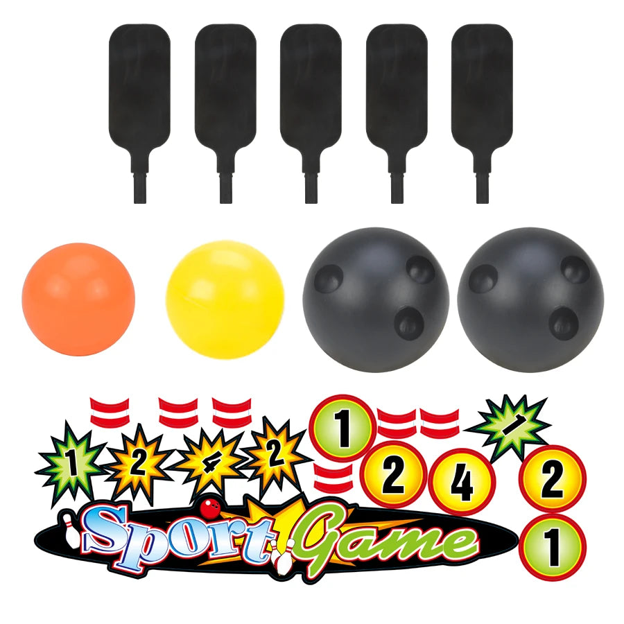 Kids Mini Bowling Set accessories with five black targets, four balls and colorful number and game stickers.