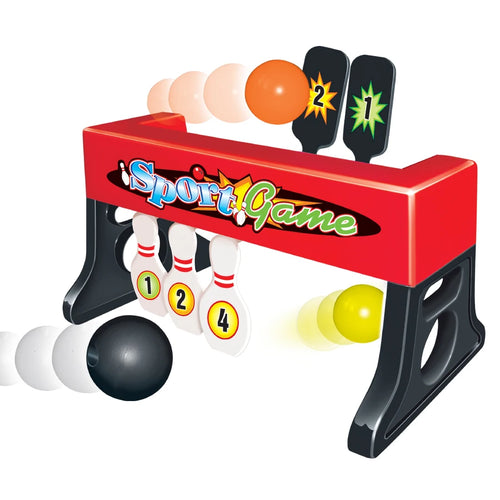 Kids Mini Bowling Set with a red rack, hanging numbered pins, upright targets and illustrated rolling and tossing balls.