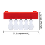 Red mini bowling rack with five hanging white pins and labeled width and height measurements.