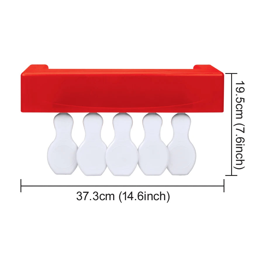 Red mini bowling rack with five hanging white pins and labeled width and height measurements.