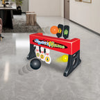 Kids Mini Bowling Set on an indoor tiled floor with hanging pins, upright targets and illustrated moving balls.