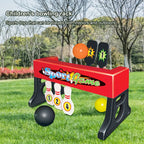 Kids Mini Bowling Set shown on a lawn with red and black rack, numbered targets and balls in motion.