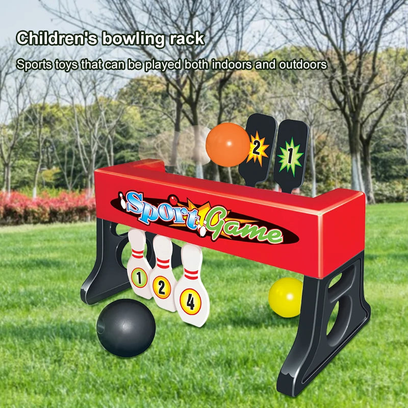 Kids Mini Bowling Set shown on a lawn with red and black rack, numbered targets and balls in motion.