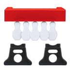 Kids Mini Bowling Set parts showing the red crossbar, five hanging white pins and two black support legs.