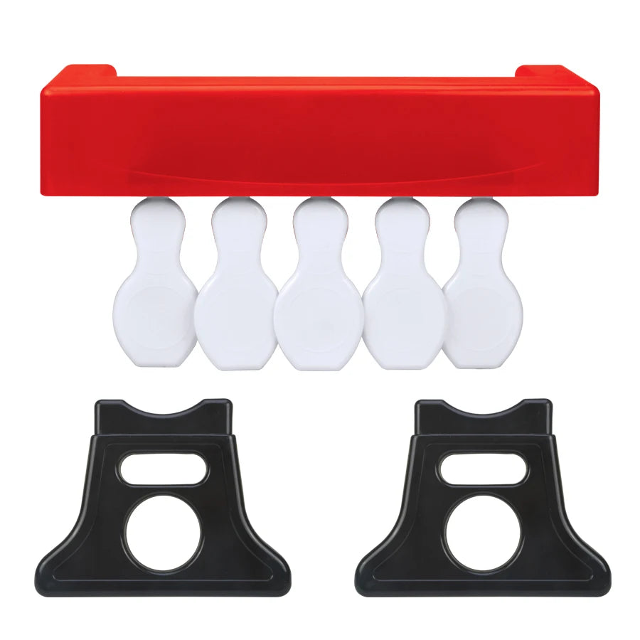 Kids Mini Bowling Set parts showing the red crossbar, five hanging white pins and two black support legs.