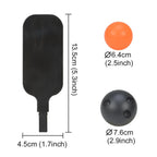 Mini bowling target paddle and colored and black balls with centimeter and inch measurements.