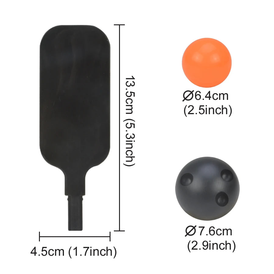 Mini bowling target paddle and colored and black balls with centimeter and inch measurements.