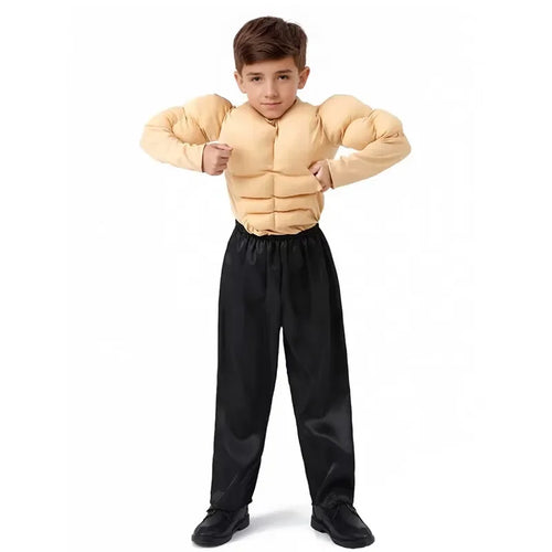 Kids Muscle Costume Set shown on a child wearing the padded beige muscle top and black pants