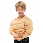 Kids Muscle Costume Set close-up showing a child flexing the padded arms, chest, and abs