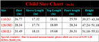 Kids Muscle Costume Set size chart listing bust, sleeve, top, pants, and height measurements