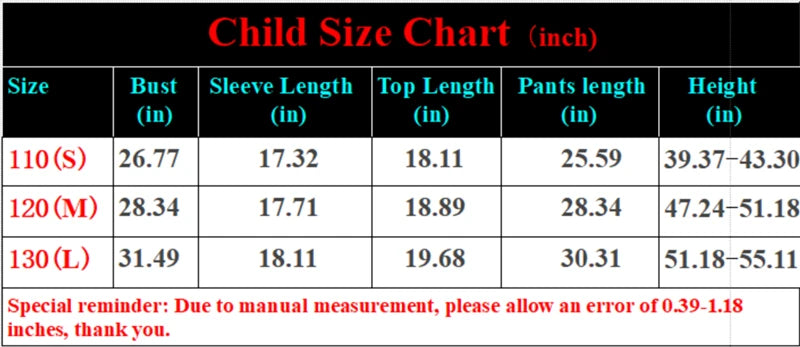 Kids Muscle Costume Set size chart listing bust, sleeve, top, pants, and height measurements
