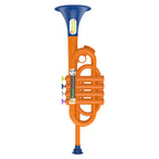 Kids Musical Toy Trumpet vertical view with the blue bell at the top and mouthpiece below