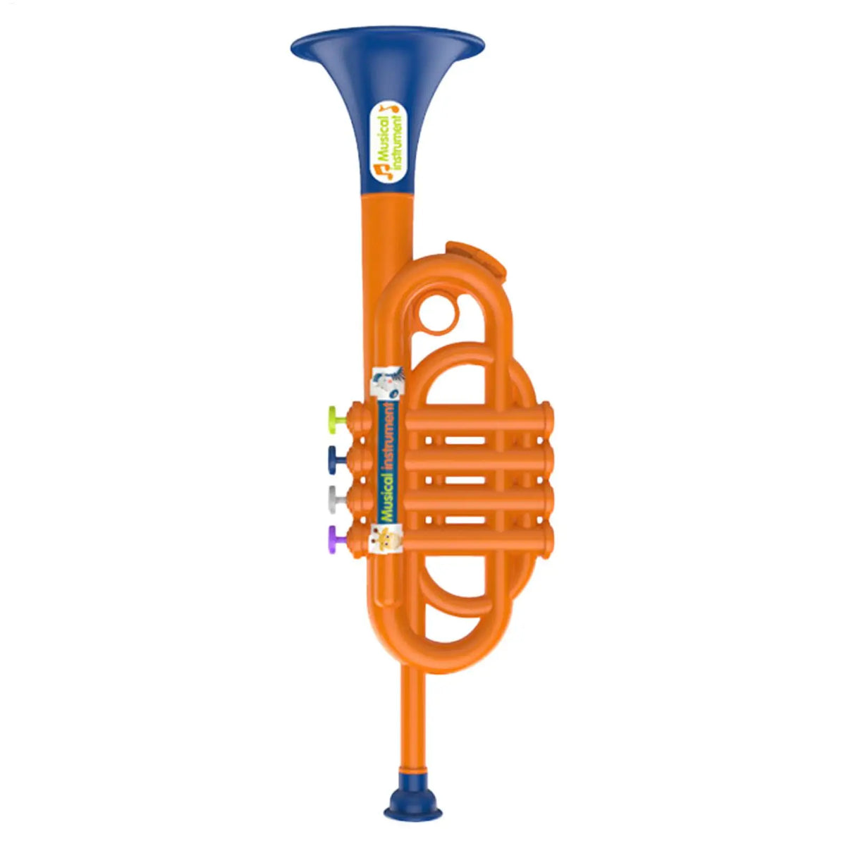 Kids Musical Toy Trumpet vertical view with the blue bell at the top and mouthpiece below