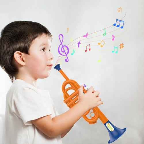 Kids Musical Toy Trumpet boy holding the orange toy with colorful musical note graphics