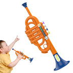 Kids Musical Toy Trumpet boy in a yellow shirt holding the toy beside an enlarged product view