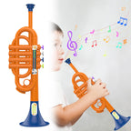 Kids Musical Toy Trumpet upright orange toy beside a boy with colorful musical note graphics