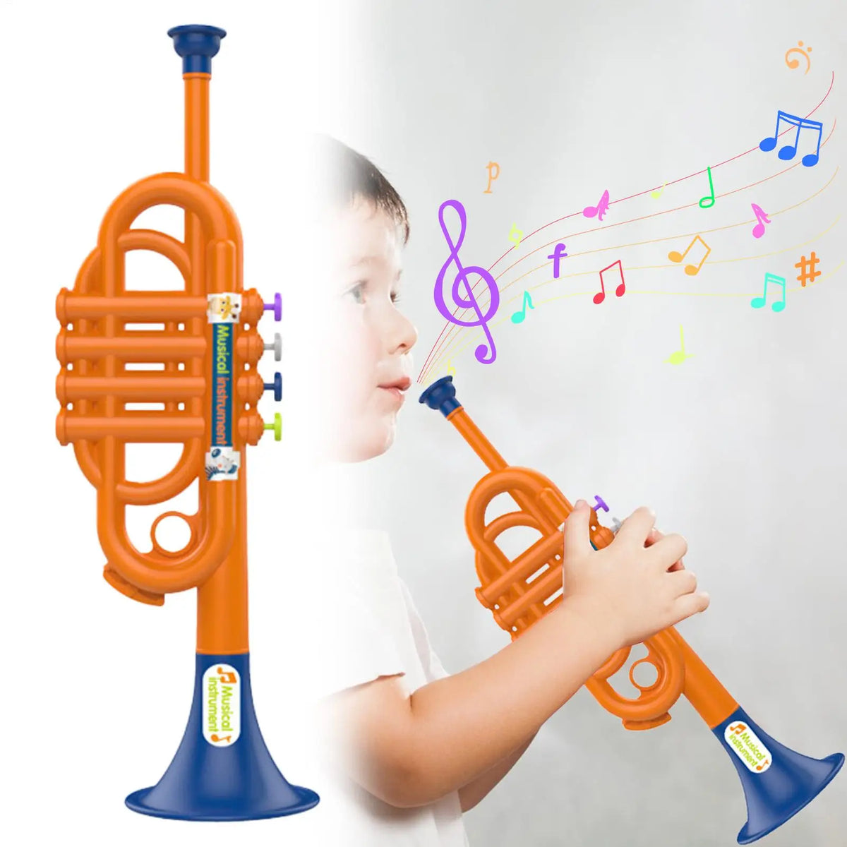 Kids Musical Toy Trumpet upright orange toy beside a boy with colorful musical note graphics