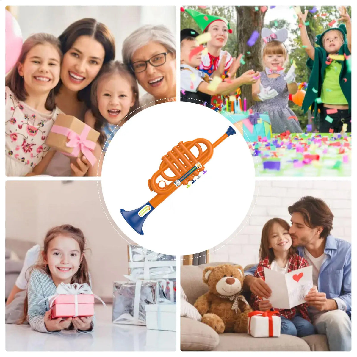 Kids Musical Toy Trumpet orange toy surrounded by family, gift, and birthday party scenes