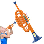 Kids Musical Toy Trumpet orange toy shown beside a girl blowing into the blue mouthpiece
