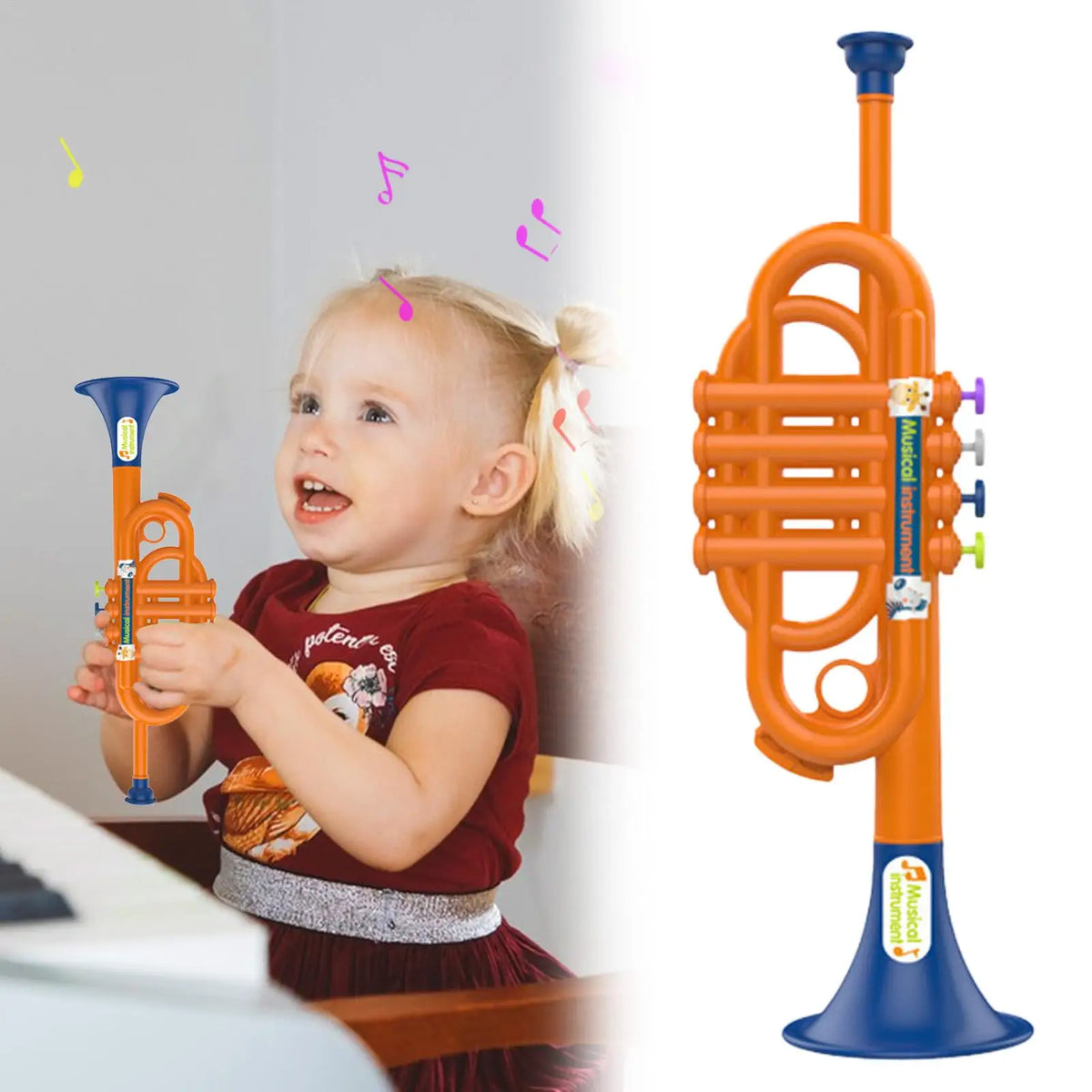 Kids Musical Toy Trumpet upright product view beside a girl holding the toy at a piano