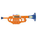 Kids Musical Toy Trumpet horizontal side view with four colored buttons and a blue bell