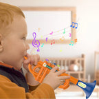 Kids Musical Toy Trumpet close-up of a child holding the orange toy with musical note graphics