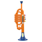 Kids Musical Toy Trumpet upright view showing orange tubing, colored buttons, and blue ends