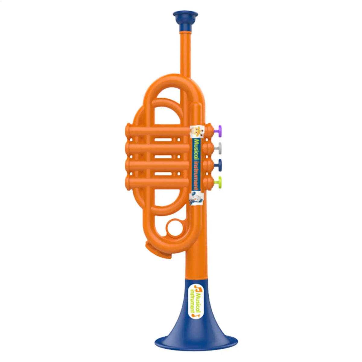 Kids Musical Toy Trumpet upright view showing orange tubing, colored buttons, and blue ends