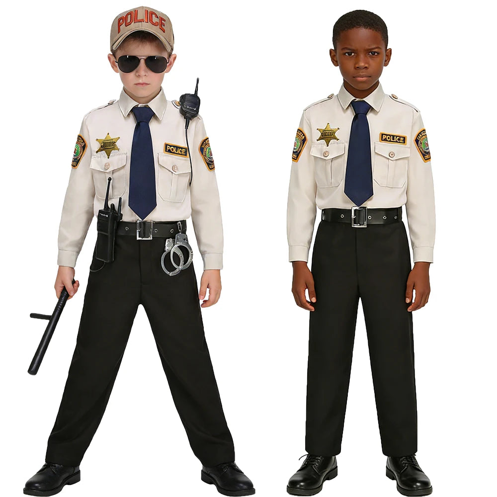 Kids Police Costume Set two boys showing accessorized and basic uniform styling on a white background.