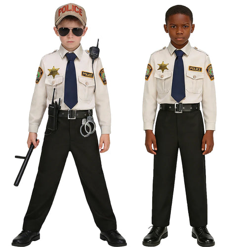 Kids Police Costume Set two boys showing accessorized and basic uniform styling on a white background.