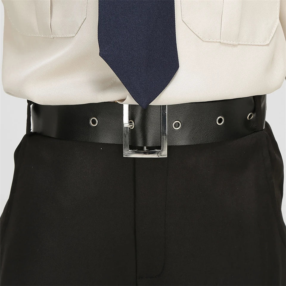 Kids Police Costume Set close-up of the black belt with silver-colored buckle and eyelets.