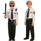 Kids Police Costume Set side-by-side boy model views with and without additional sunglasses and baton props.
