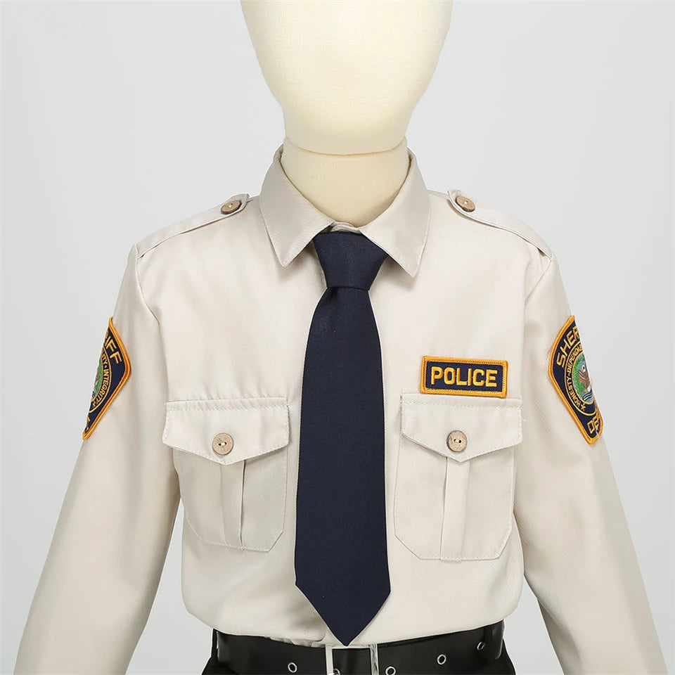 Kids Police Costume Set close-up of the pointed collar, navy tie, chest pockets, and shoulder tabs.