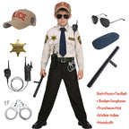 Kids Police Costume Set supplier collage showing a boy with radio, handcuffs, sunglasses, and baton.