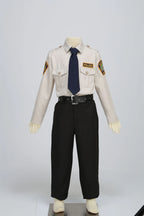 Kids Police Costume Set front mannequin view showing the shirt, tie, belt, and black trousers.