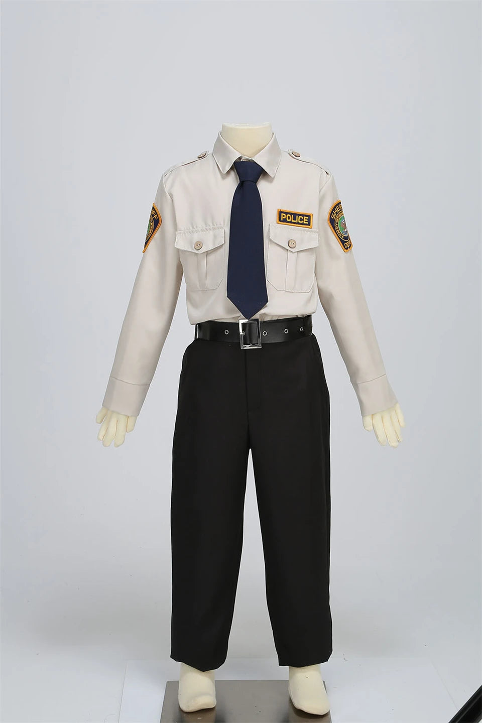 Kids Police Costume Set front mannequin view showing the shirt, tie, belt, and black trousers.