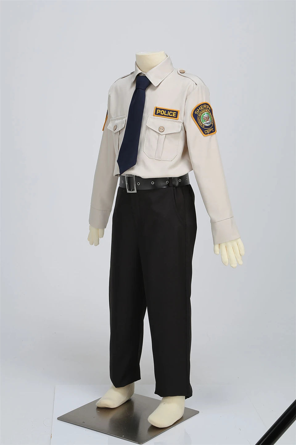 Kids Police Costume Set three-quarter mannequin view of the beige shirt and black trouser outfit.