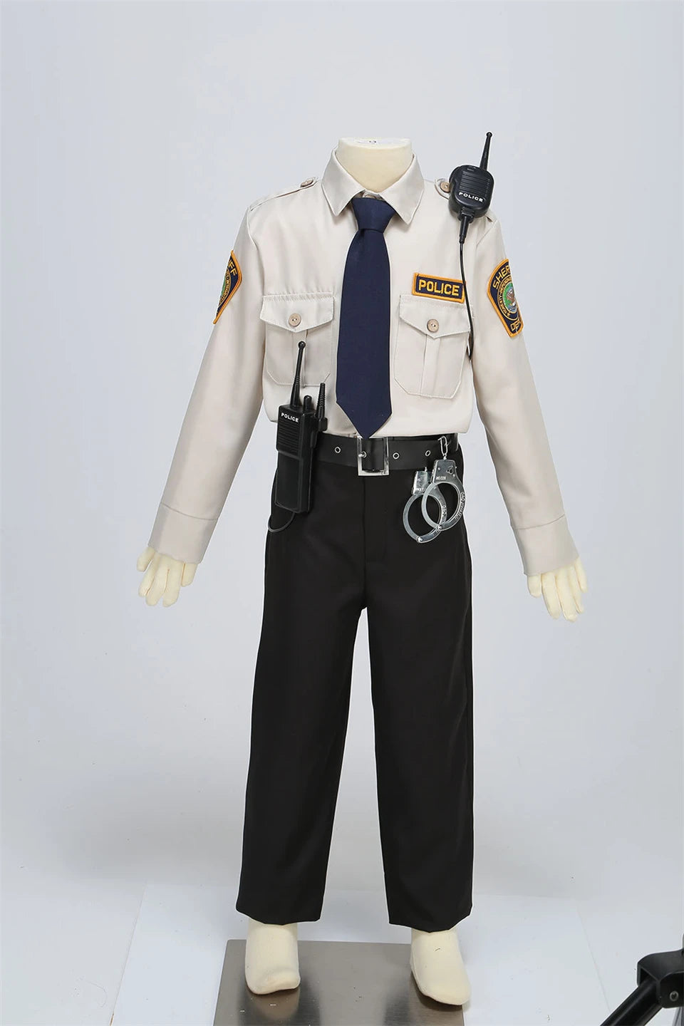 Kids Police Costume Set full-length mannequin view styled with additional radio and handcuff props.