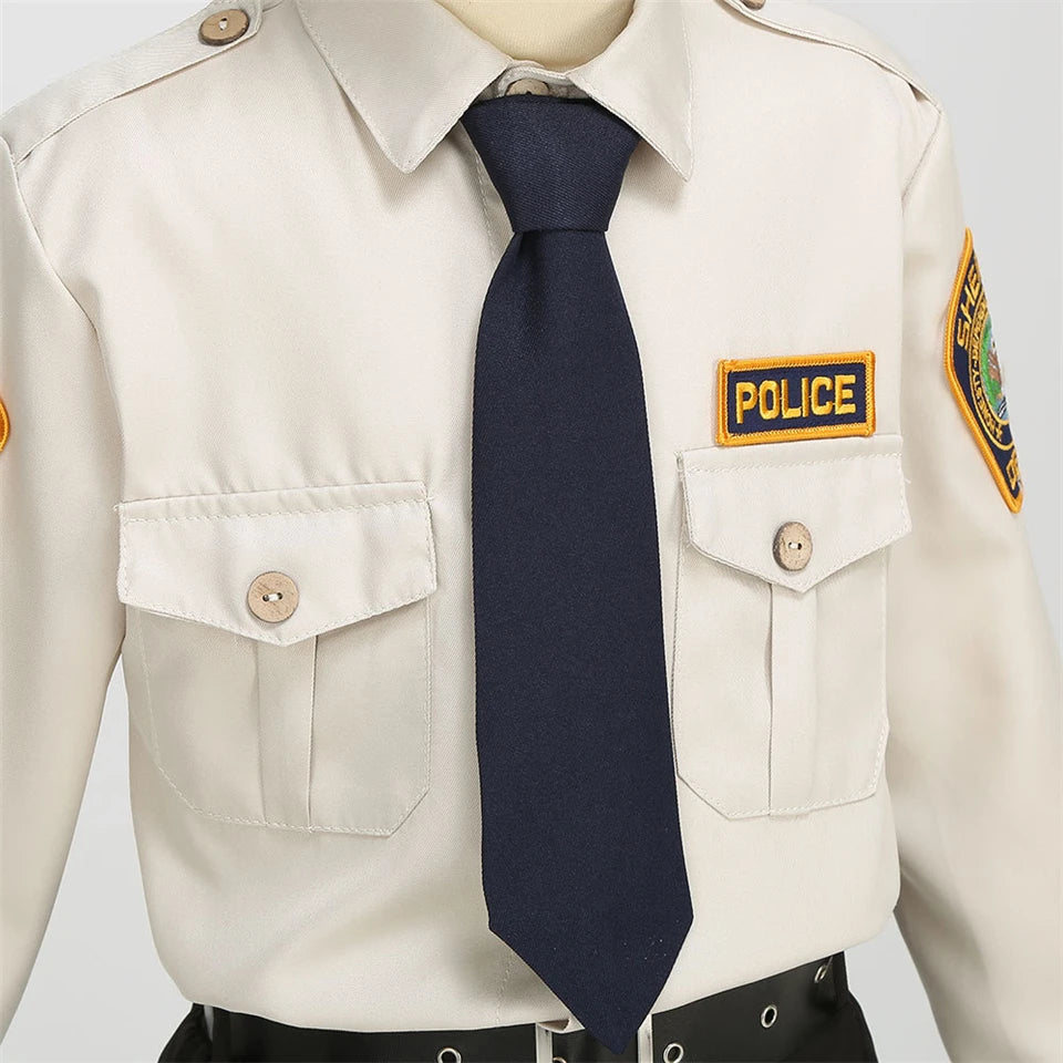 Kids Police Costume Set tight chest detail showing the navy tie, buttoned pockets, and POLICE patch.