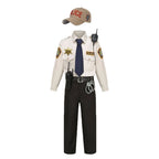 Kids Police Costume Set uniform display with a hat, navy tie, and additional radio and handcuff props.
