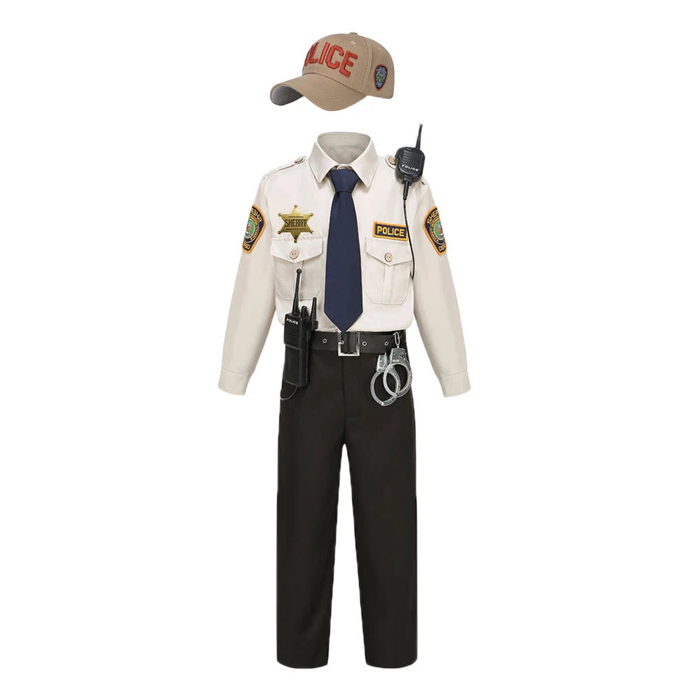 Kids Police Costume Set uniform display with a hat, navy tie, and additional radio and handcuff props.