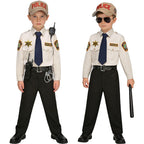 Kids Police Costume Set two boy model views comparing radio and handcuff styling with sunglasses and baton styling.