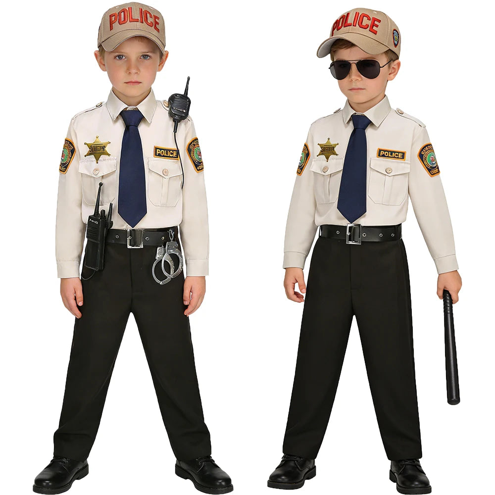 Kids Police Costume Set two boy model views comparing radio and handcuff styling with sunglasses and baton styling.