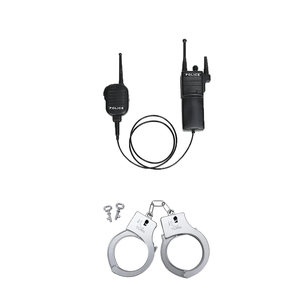 Kids Police Costume Set supplier accessory photo showing a toy radio, handcuffs, and keys.