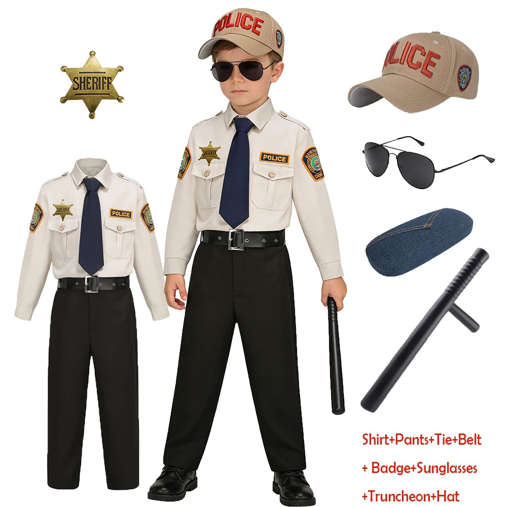 Kids Police Costume Set alternate supplier photo of a boy wearing sunglasses and holding a baton.