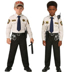 Kids Police Costume Set front view of two boys in beige shirts and black pants styled with additional props.