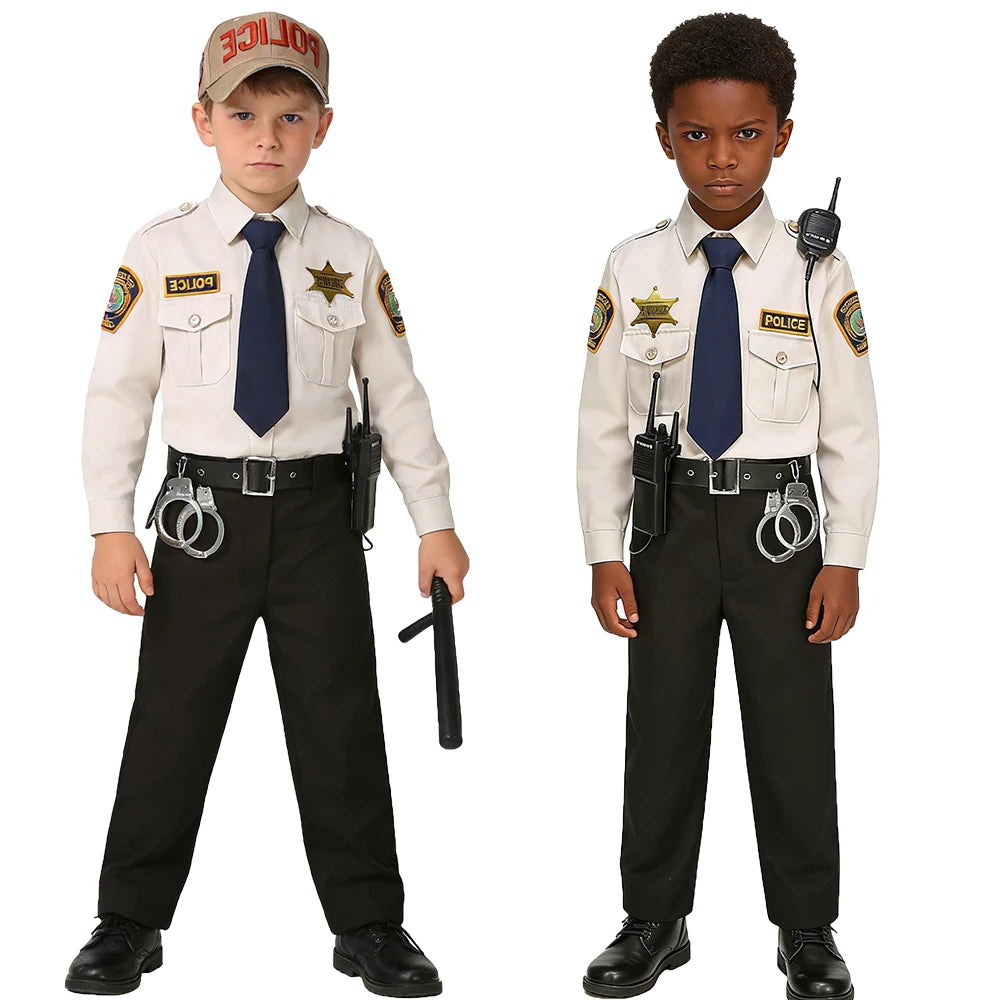 Kids Police Costume Set front view of two boys in beige shirts and black pants styled with additional props.